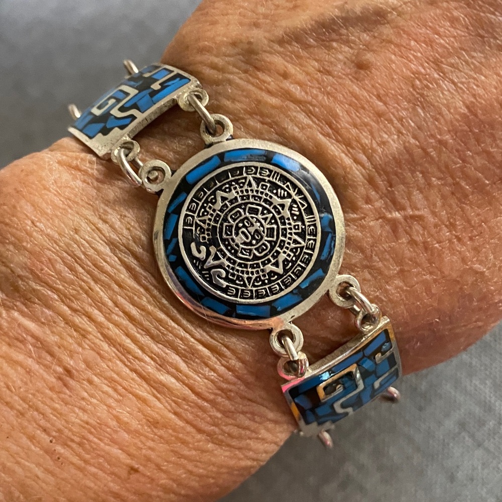 Sterling Silver 925 Mexico Aztec Calendar Toggle Bracelet | 26.8g